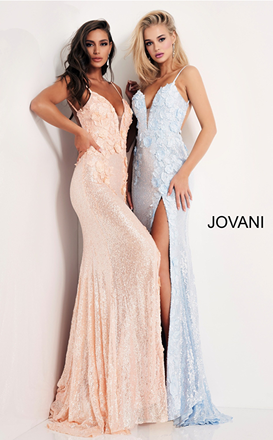 Jovani 1012 Ice Pink High Slit Plunging Neck Prom Dress