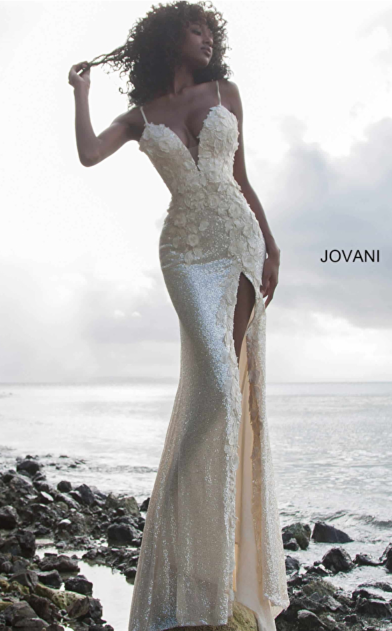 jovani Jovani 1012 Plunging Neckline Floral Cream Dress 