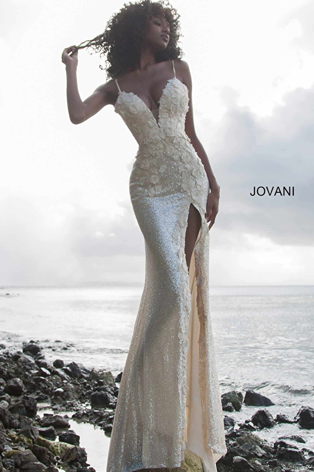 Model wearing Jovani style 1012 ivory dress