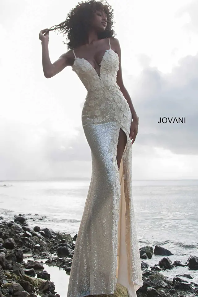 jovani Jovani 1012 Plunging Neckline Floral Cream Dress 