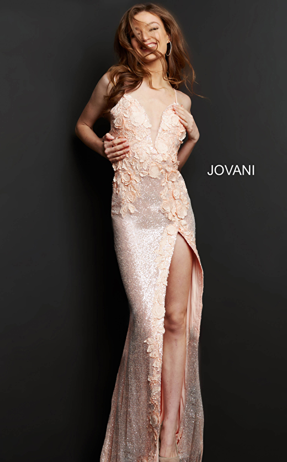 jovani Jovani 1012 Ice Pink High Slit Plunging Neck Prom Dress