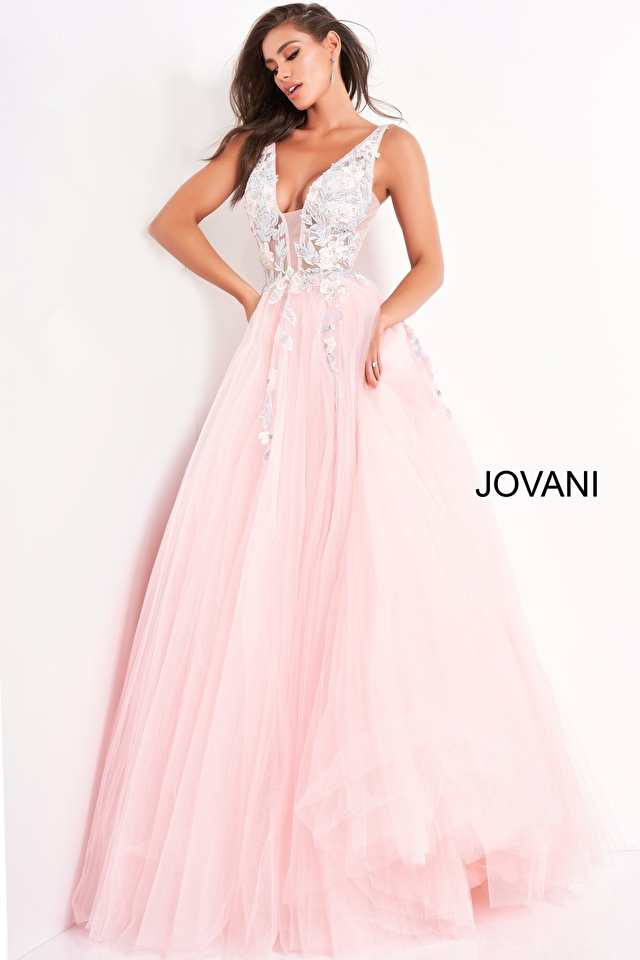 Model wearing Jovani style 11092 pink prom dress