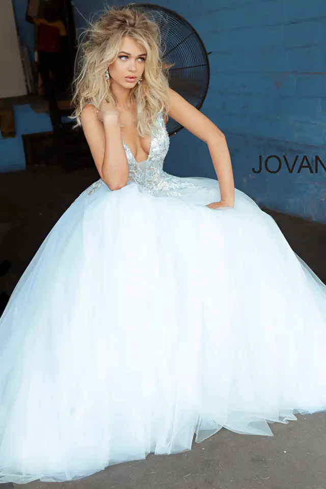 Model wearing Jovani style 11092 prom dress