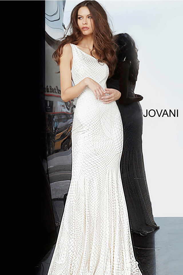 Model wearing Jovani style 1119 white prom dress