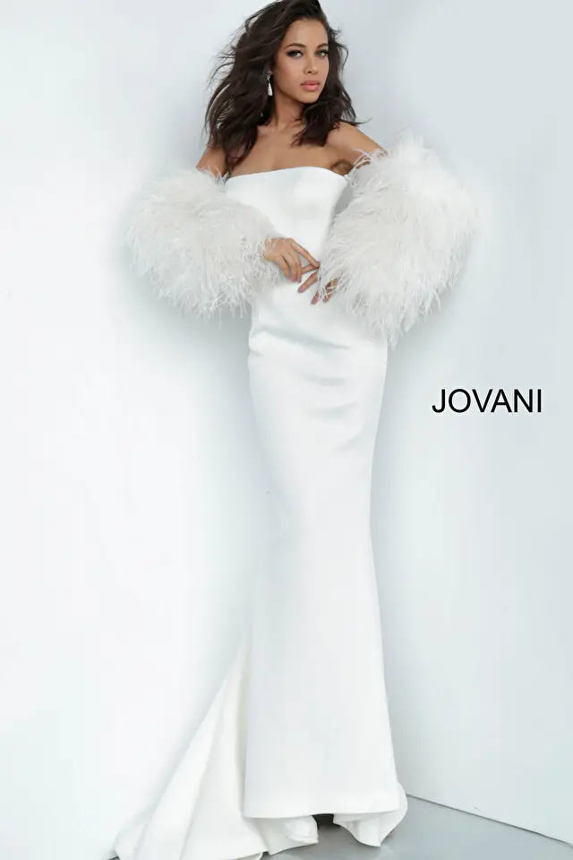 Model wearing Jovani style 1226 fitted wedding dress