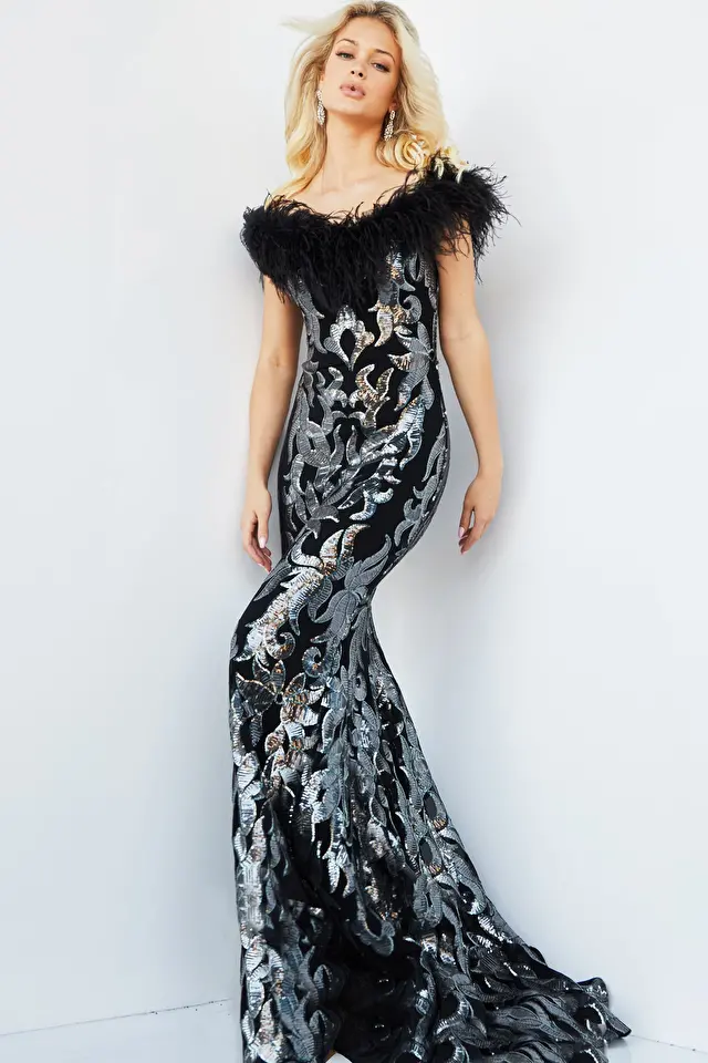 Model wearing Jovani style 22346 mermaid prom dress