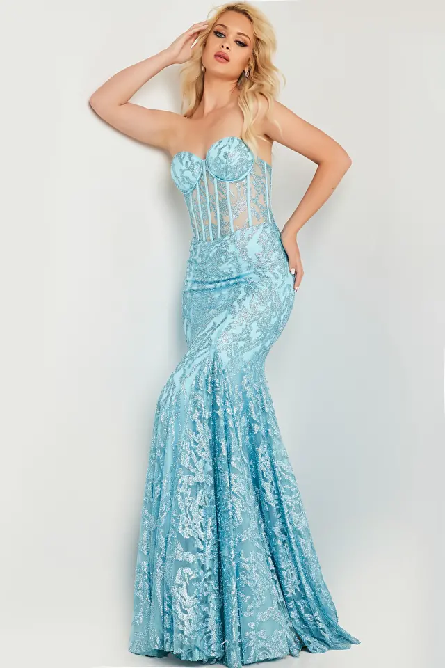 Model wearing Jovani style 22601 mermaid prom dress
