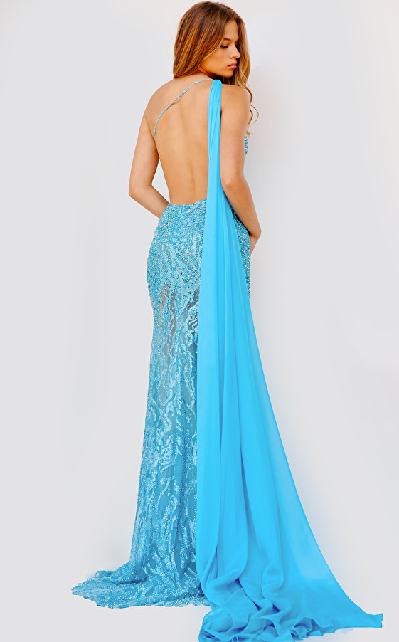 Jovani 22602 Turquoise Beaded One Shoulder Prom Dress
