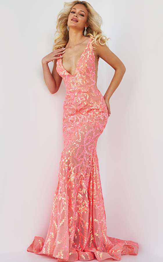 Jovani 22811 Iridescent Coral Embellished V Neck Prom Dress