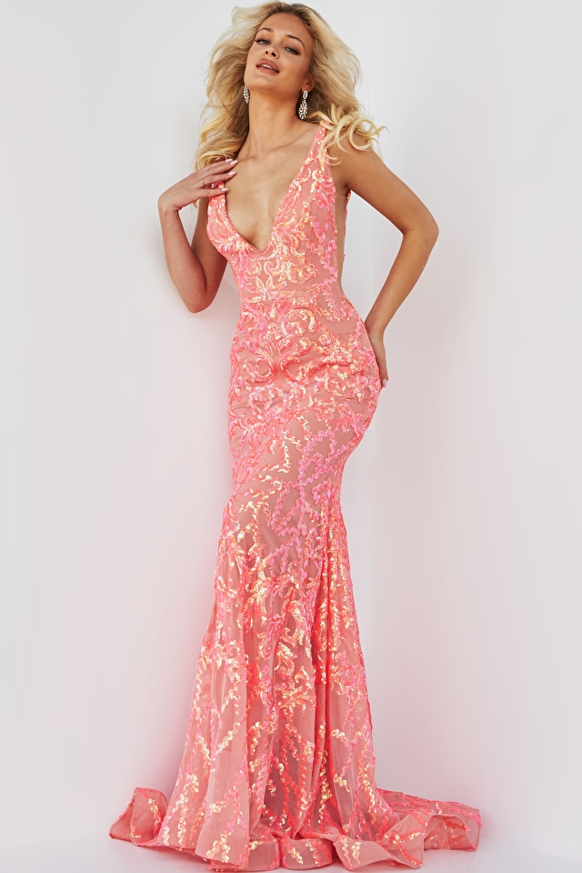 Model wearing Jovani style 22811 sequin prom dress
