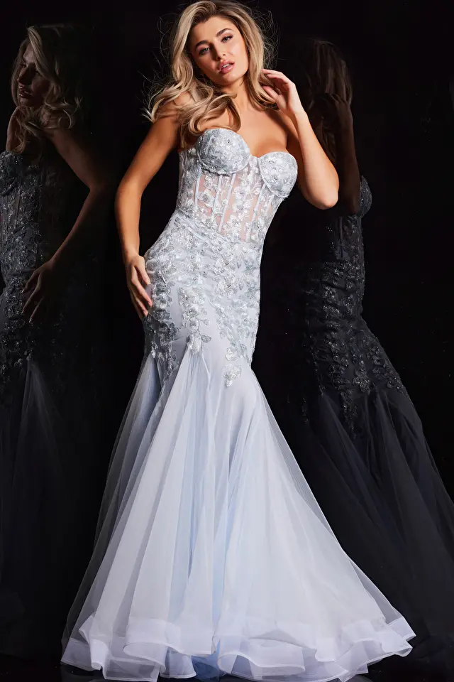 Model wearing Jovani style 22924 prom dress