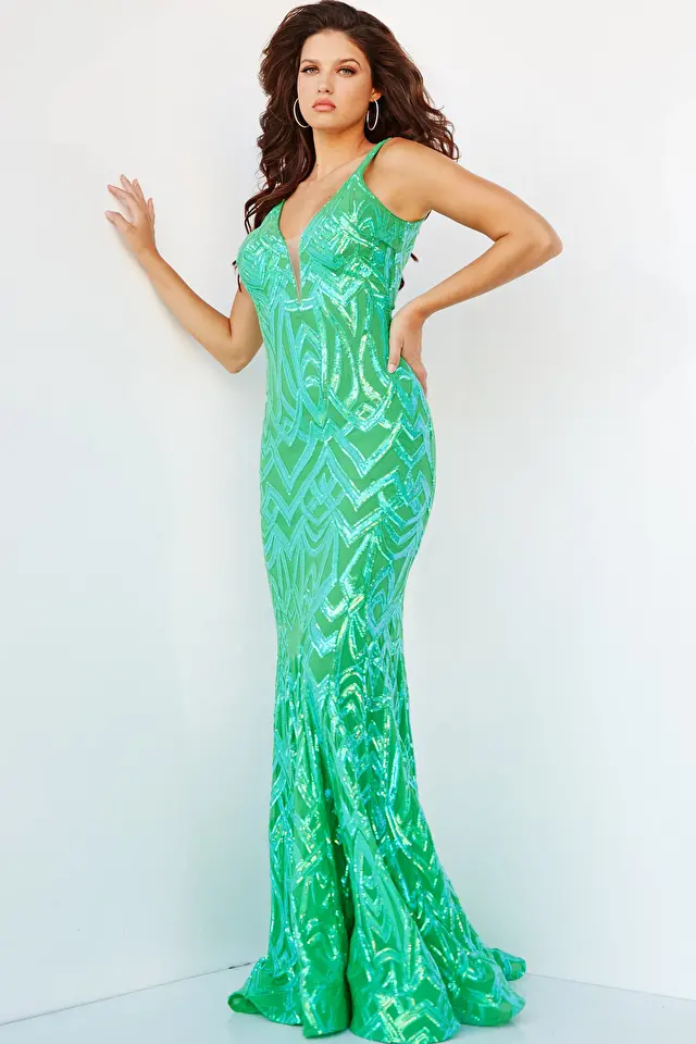 Model wearing Jovani style 23027 green prom dress