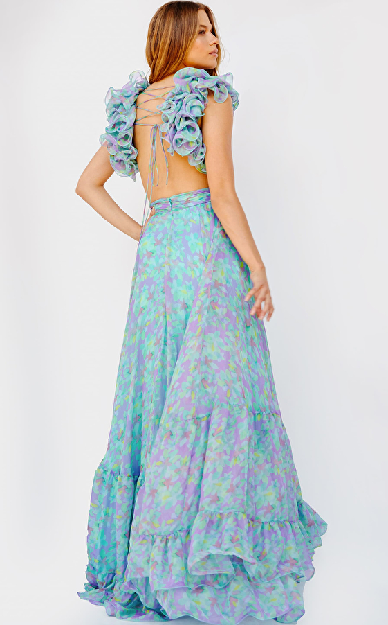Jovani 23320 Print Ruffle Shoulders Maxi Prom Dress
