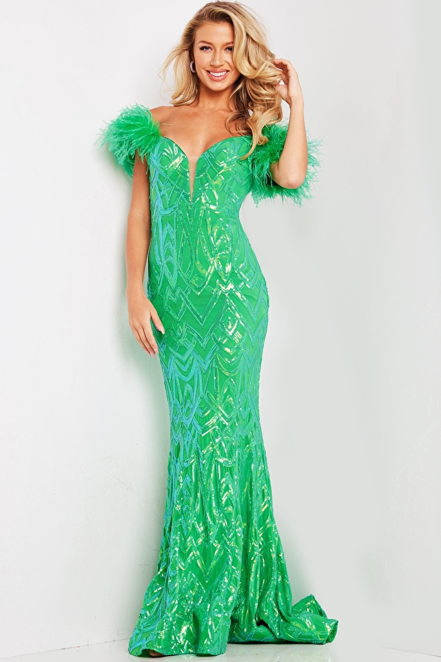 Model wearing Jovani style 23383 green dress