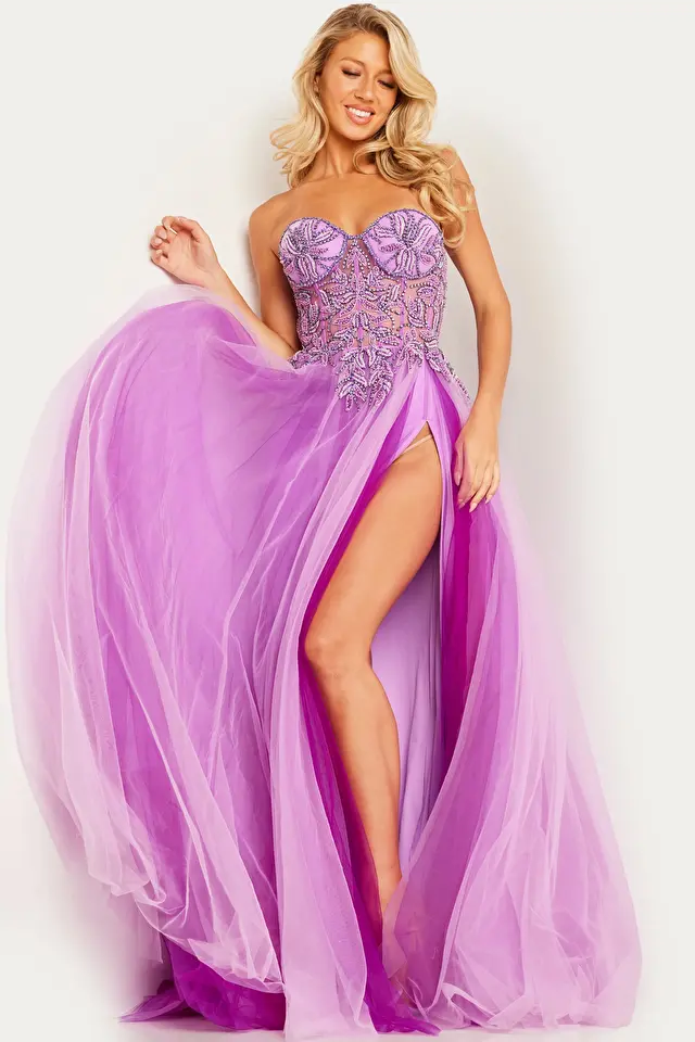 jovani Lilac Embellished High Slit Dress 23710
