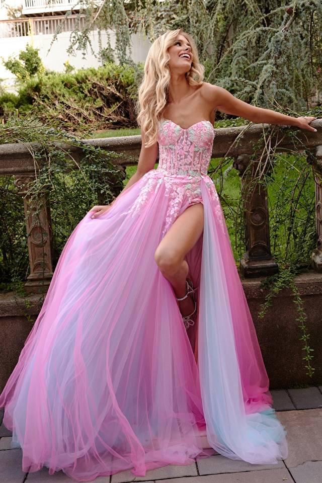 Model wearing Jovani style 23713 pink prom dress
