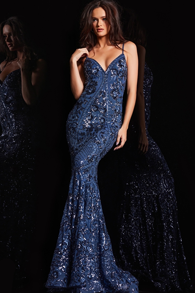 Model wearing Jovani style 23839 prom dress