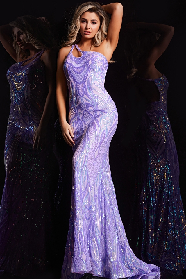 Model wearing Jovani style 23852 fitted prom dress