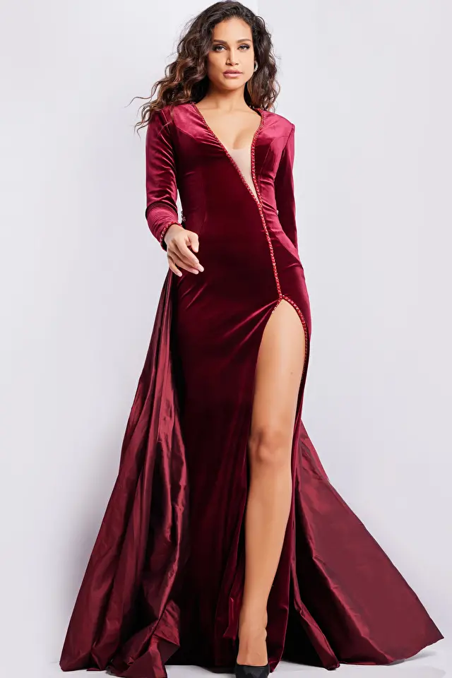 Jovani Dress 23943 | Burgundy V Neckline Long Sleeve Beaded Dress