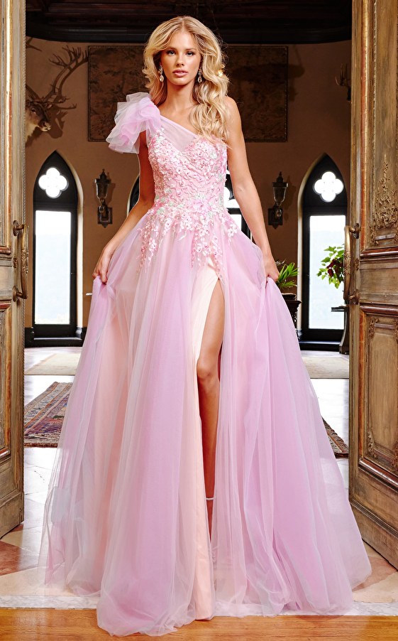 jovani Jovani 23951 Pink Multi High Slit One Shoulder Prom Gown