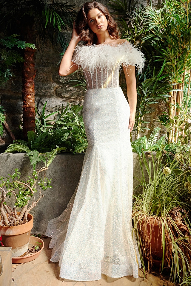 Model wearing Jovani style 23958 white prom dress