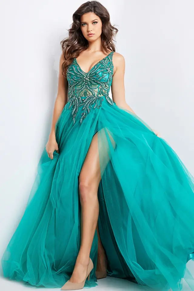 Model wearing Jovani style 23962 prom dress