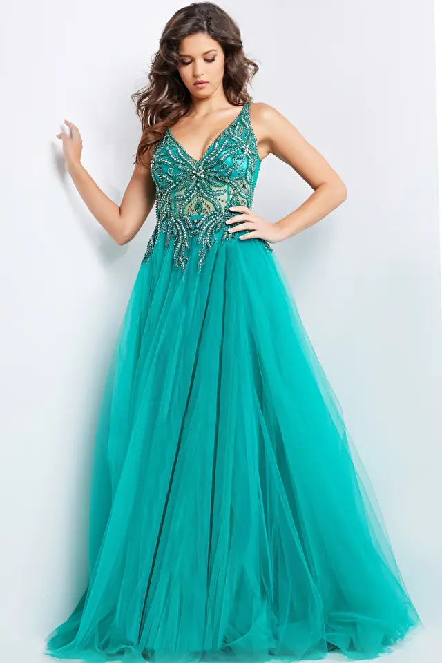 Jovani Dress 23962 | Emerald high slit sleeveless dress 23962