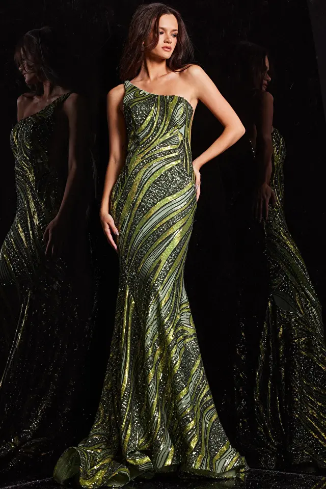Model wearing Jovani style 24031 green prom dress
