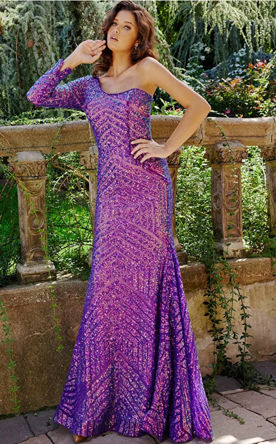 jovani Jovani 24098 Iridescent Violet Sequin One Shoulder Dress