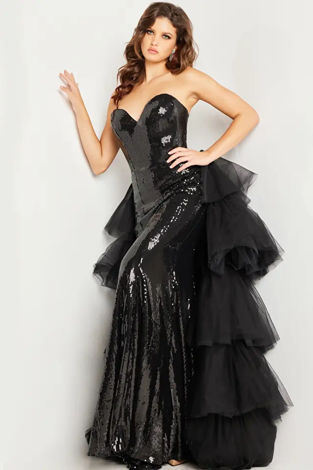 Model wearing Jovani style 24554 black prom dress