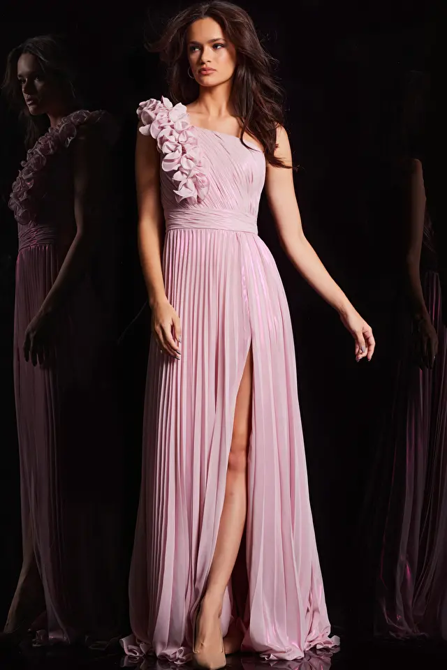 Model wearing Jovani style 24609 pink dress