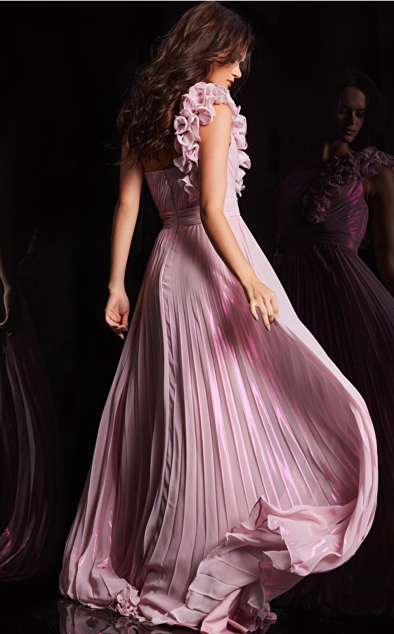 Ruffle shoulder pink dress 24609