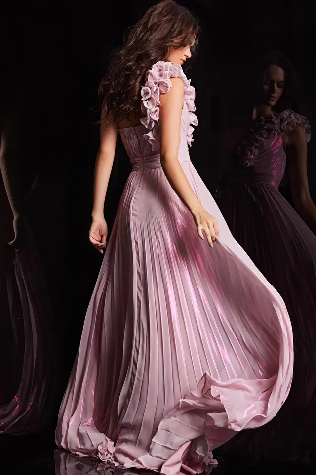 Ruffle shoulder pink dress 24609