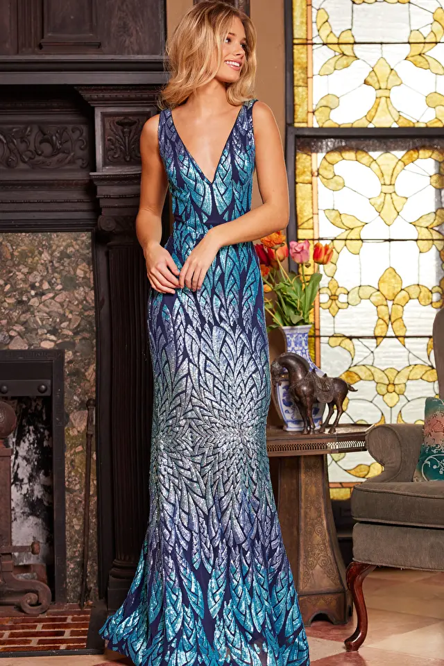 Model wearing Jovani style 25687 blue prom dress