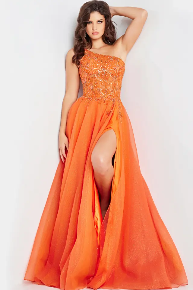 Model wearing Jovani style 25688 orange prom dress