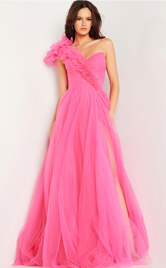 One shoulder pink prom gown 25919