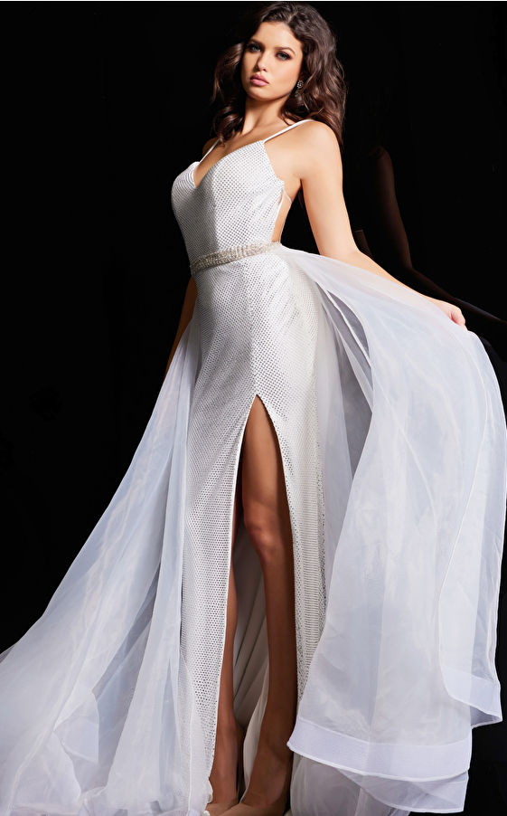 High slit white net gown 25990