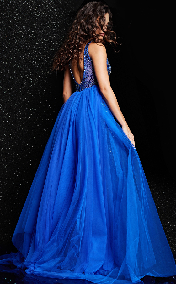 Royal Blue V Neckline Beaded Dress 26058
