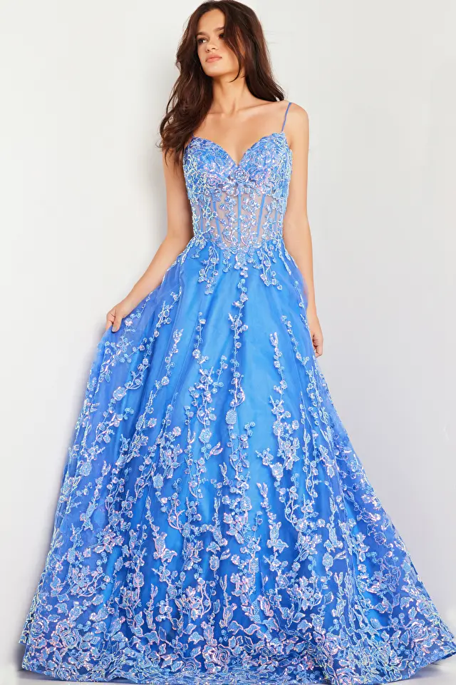 Model wearing Jovani style 29072 blue prom dress