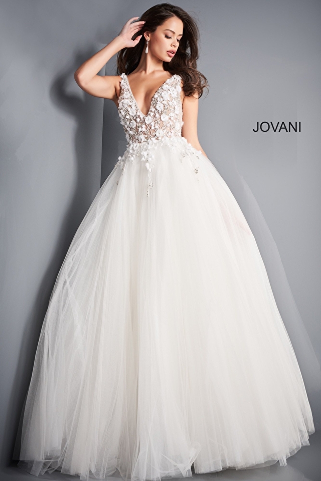 Model wearing Jovani style 3110 open back wedding dress