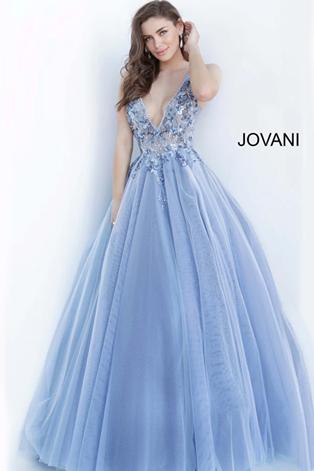 Jovani 3110 | Blue Floral Applique Ballgown