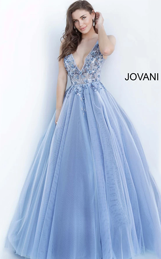jovani Jovani 3110 Blue Floral Embellished Prom Ballgown