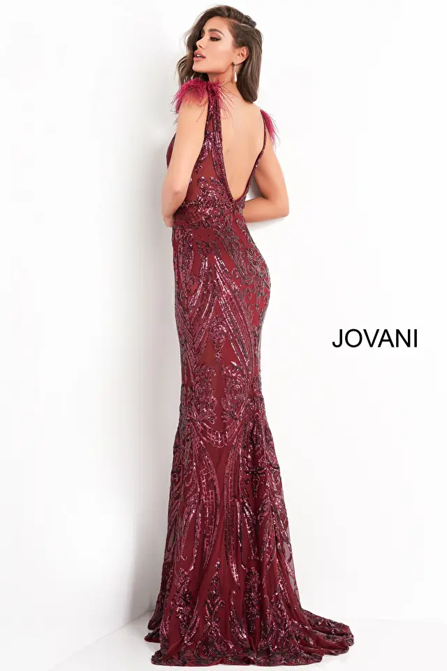 Model wearing Jovani style 3180 backless dress