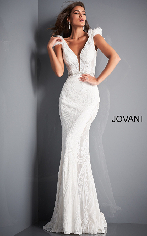 jovani Jovani 3180 White Sheer Sides Embellished long Dress
