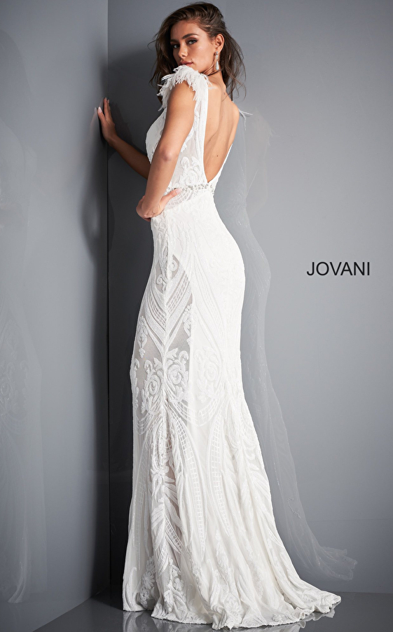 Jovani 3180 White Plunging Neck Embellished Prom Dress