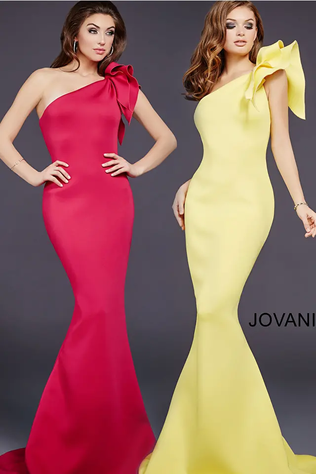 Model wearing Jovani style 32602 yellow prom dress