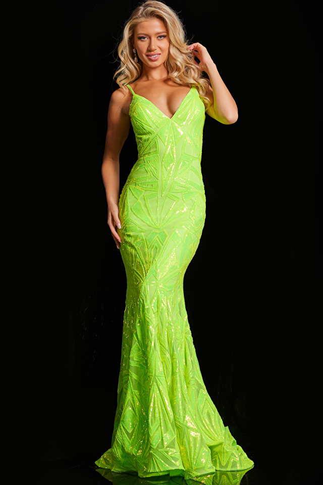 Model wearing Jovani style 36656 green prom dress