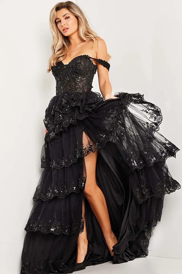 Model wearing Jovani style 36687 sequin prom dress