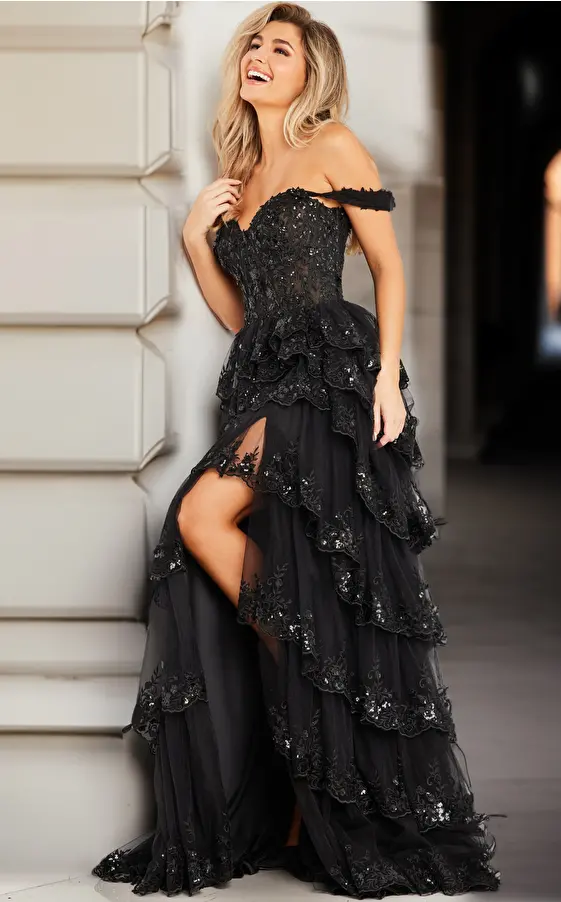Jovani Dress 36687 | Black Beaded Lace Dress