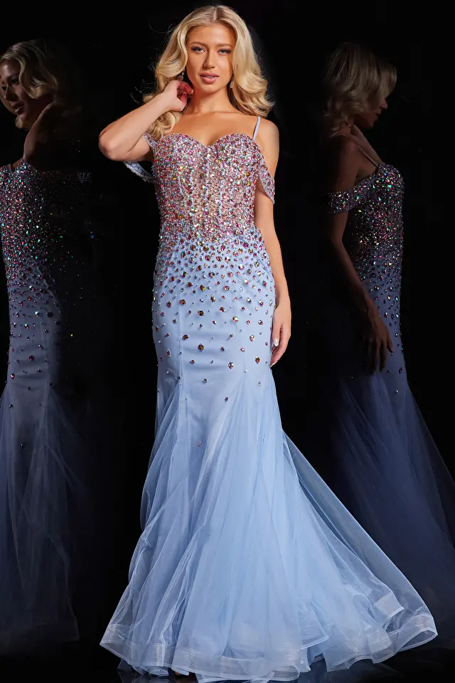 Model wearing Jovani style 36730 prom dress